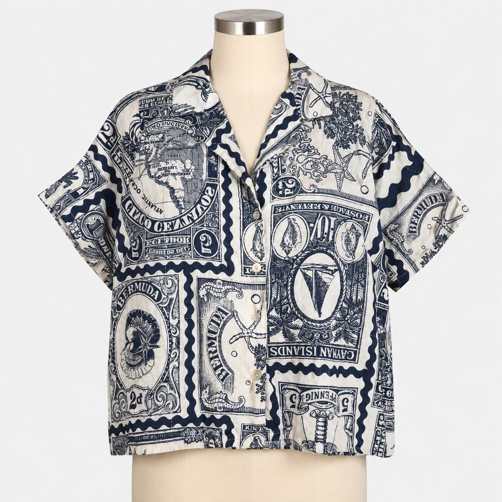 Atelier Nicole Miller Bermuda Stamp Print Boxy ButtonUp Shirt Womens Small Linen
